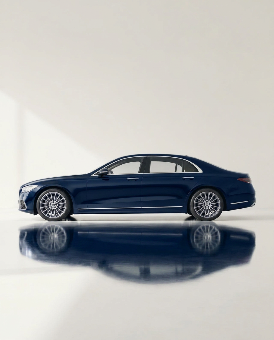 Navy luxury chauffeured Mercedes S-Class sedan, studio side profile