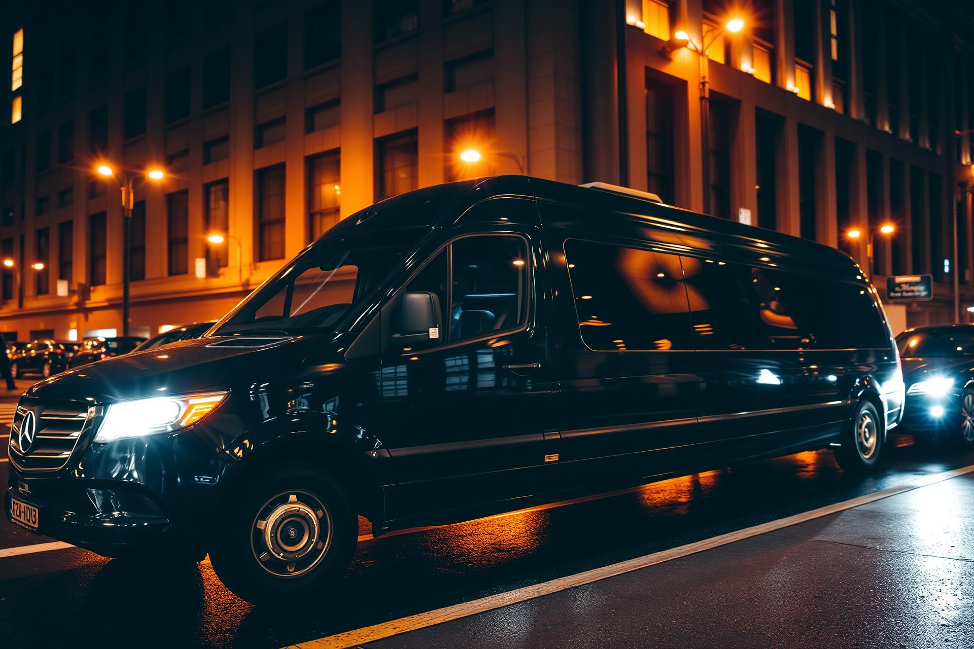 Black luxury Sprinter van on a wet city street at night